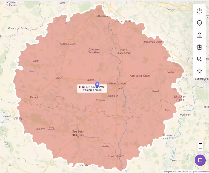 Carte du périmètre Haut-Anjou — rayon de 30 km visualisé sur Smappen